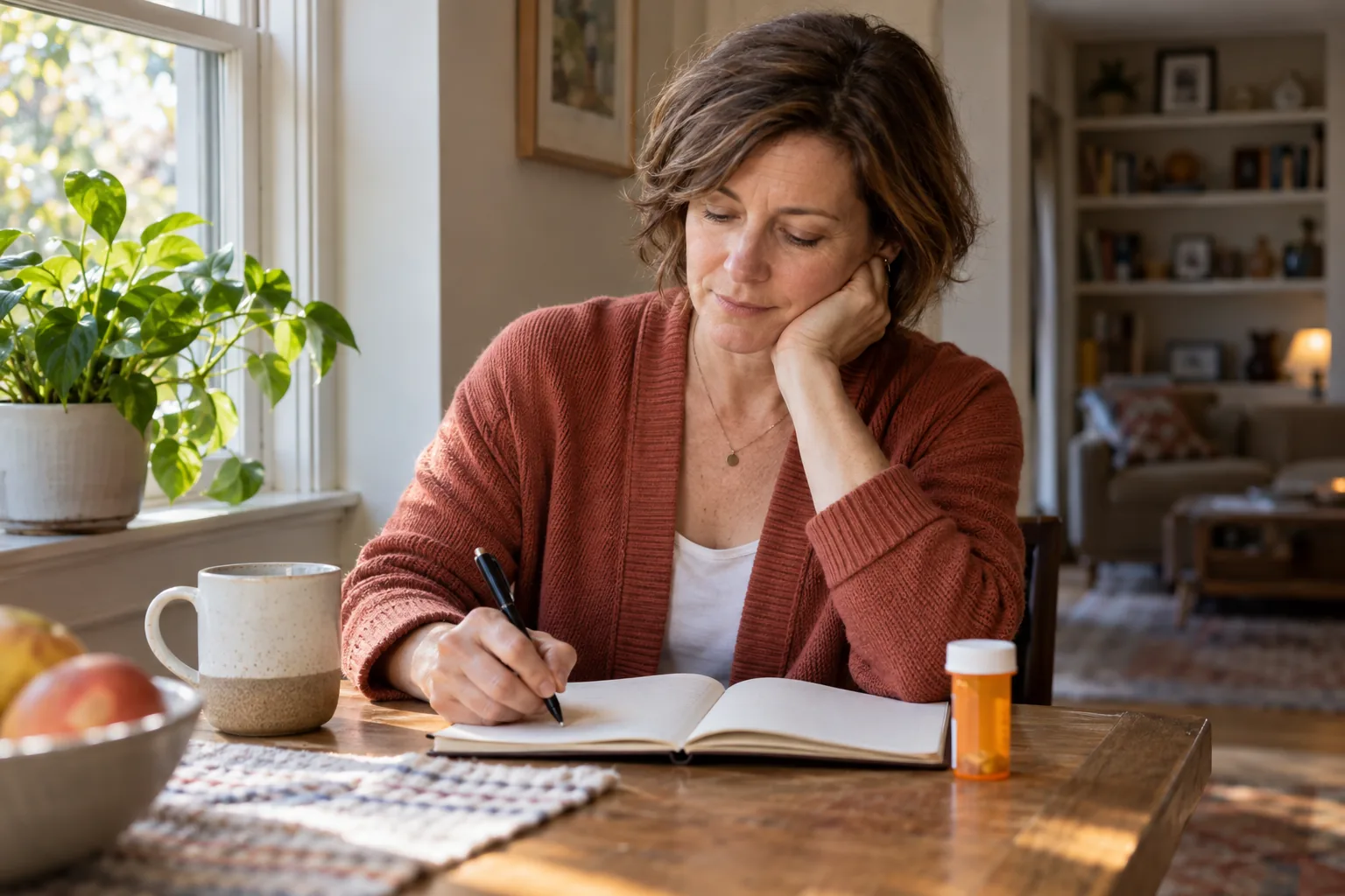 A woman writing private appointment notes beside a prescription bottle