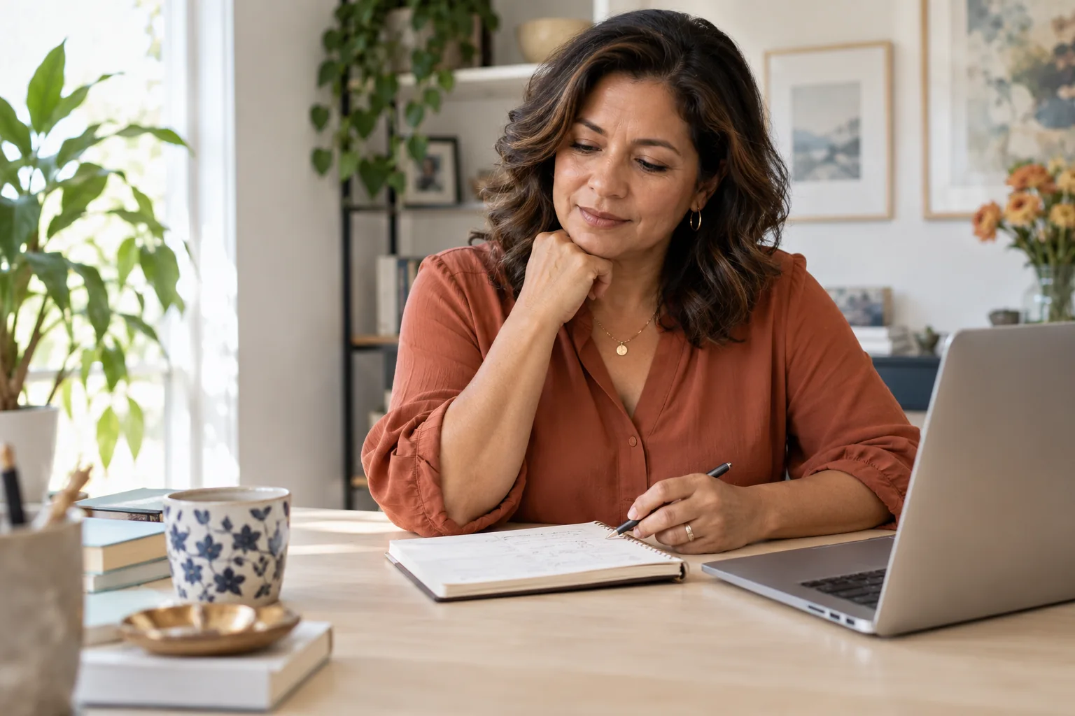 A woman consulting a notebook beside her laptop at work