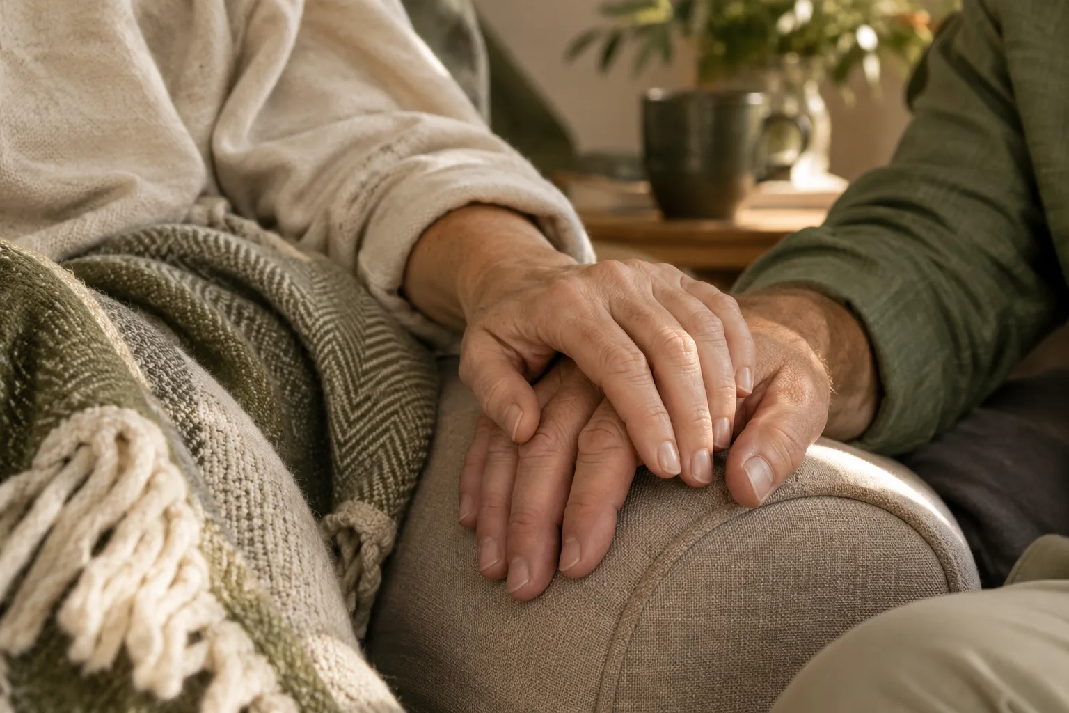 Two adults resting their hands together on a sofa