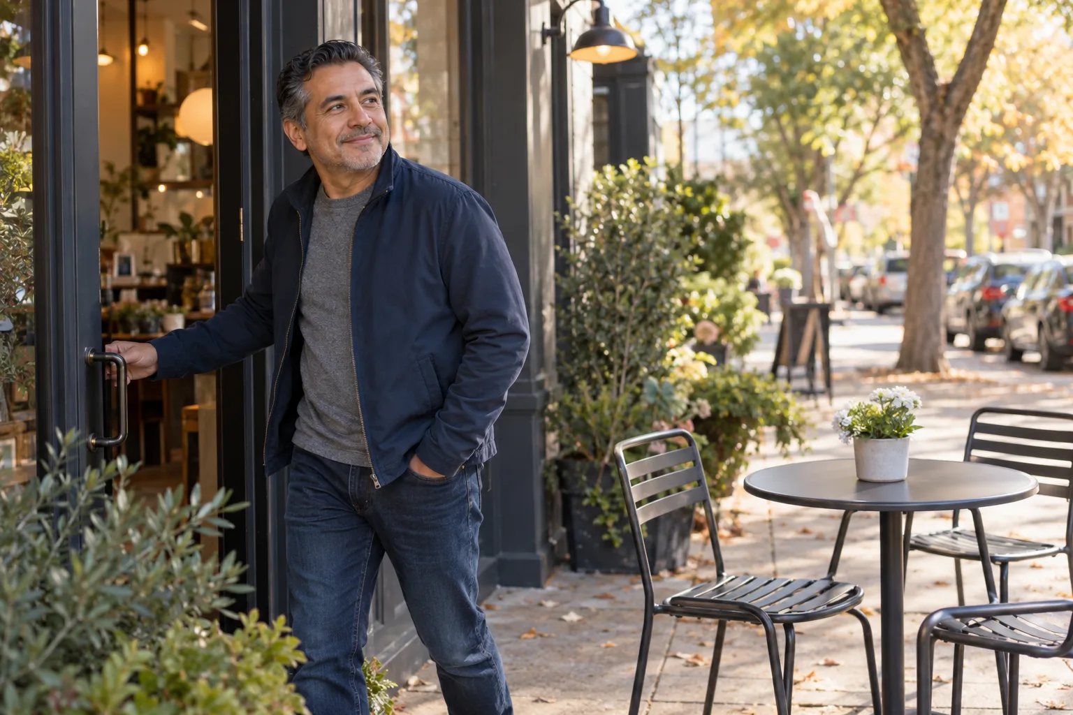 A man arriving at an outdoor cafe