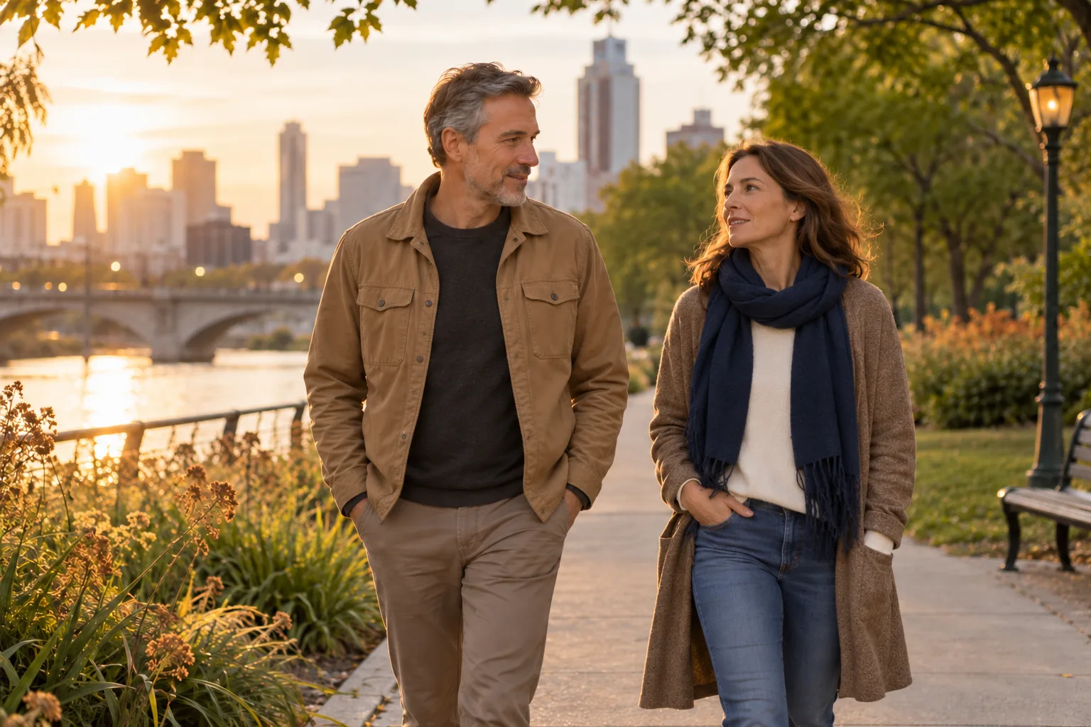 Two adults walking and talking through a park