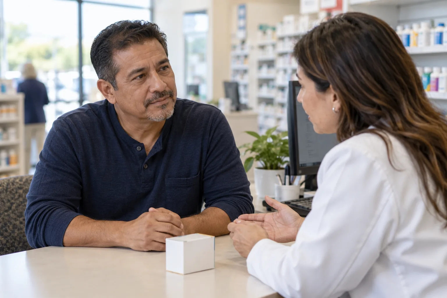 A man discussing a medicine carton with a pharmacist