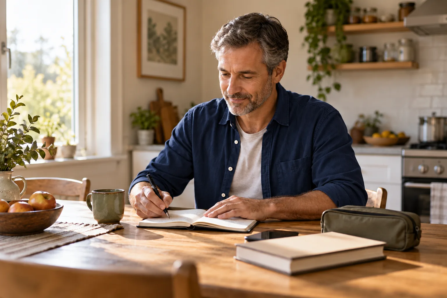 A man writing notes at his kitchen table