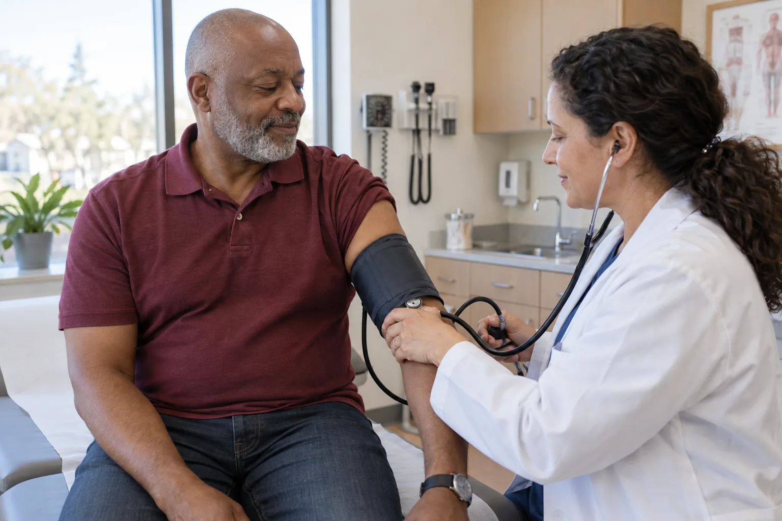 A clinician checking a man’s blood pressure with an upper-arm cuff