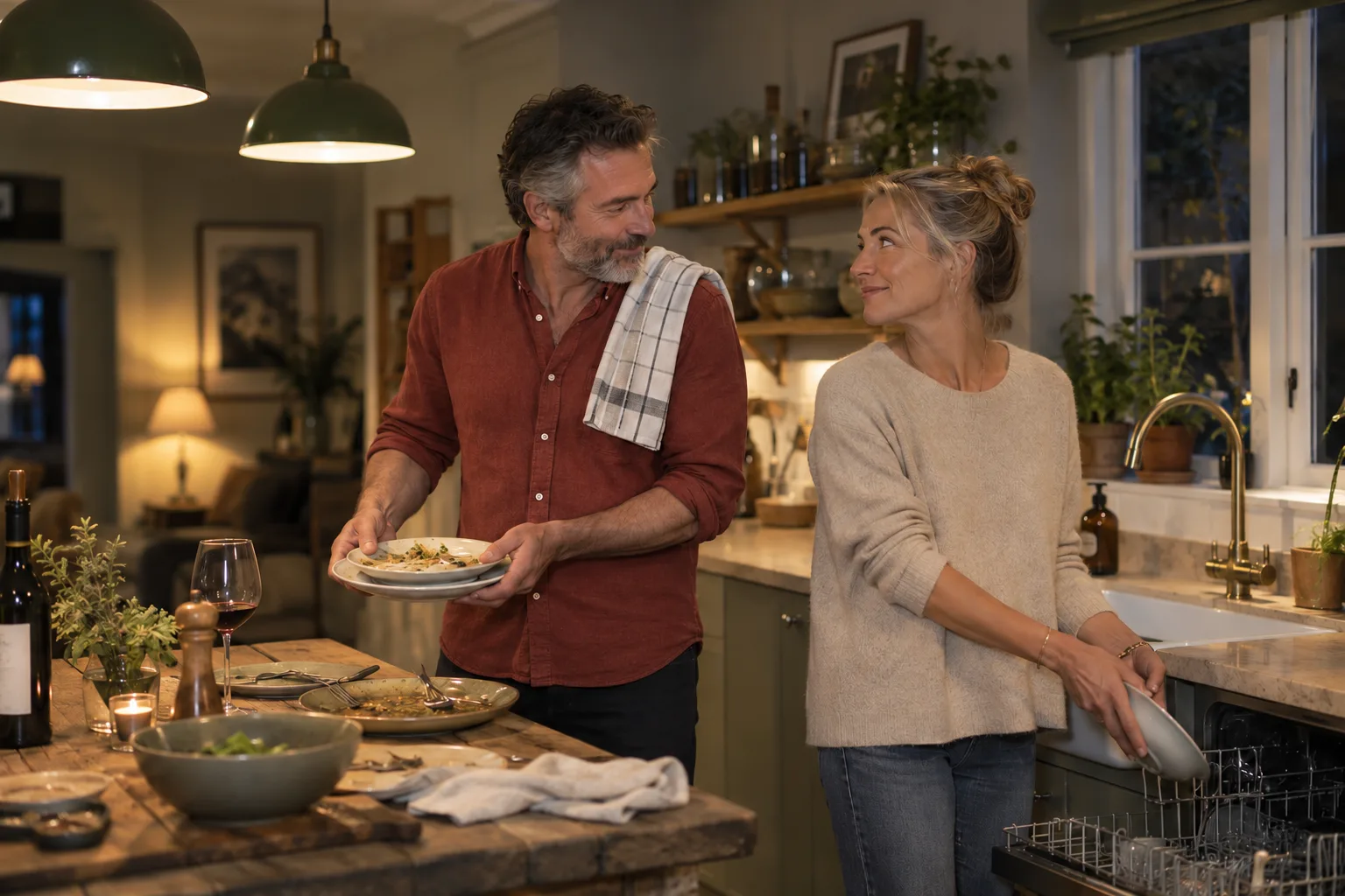 A couple pausing to talk while clearing dinner plates