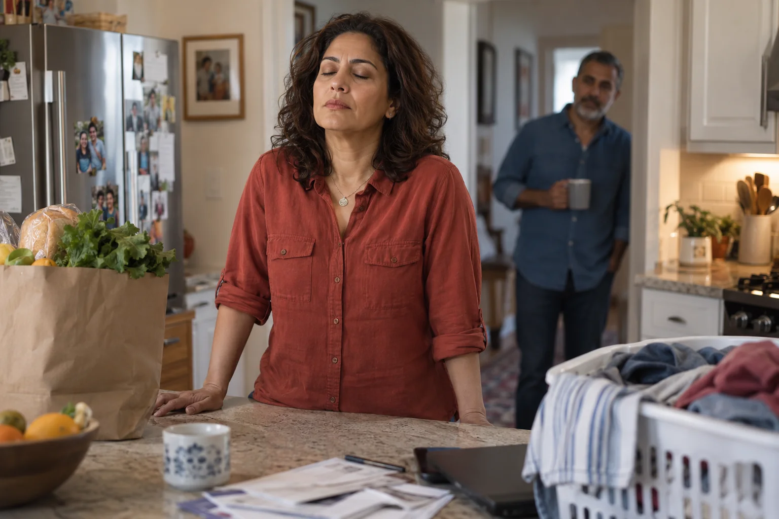 A woman pausing to take a breath amid household tasks in her kitchen