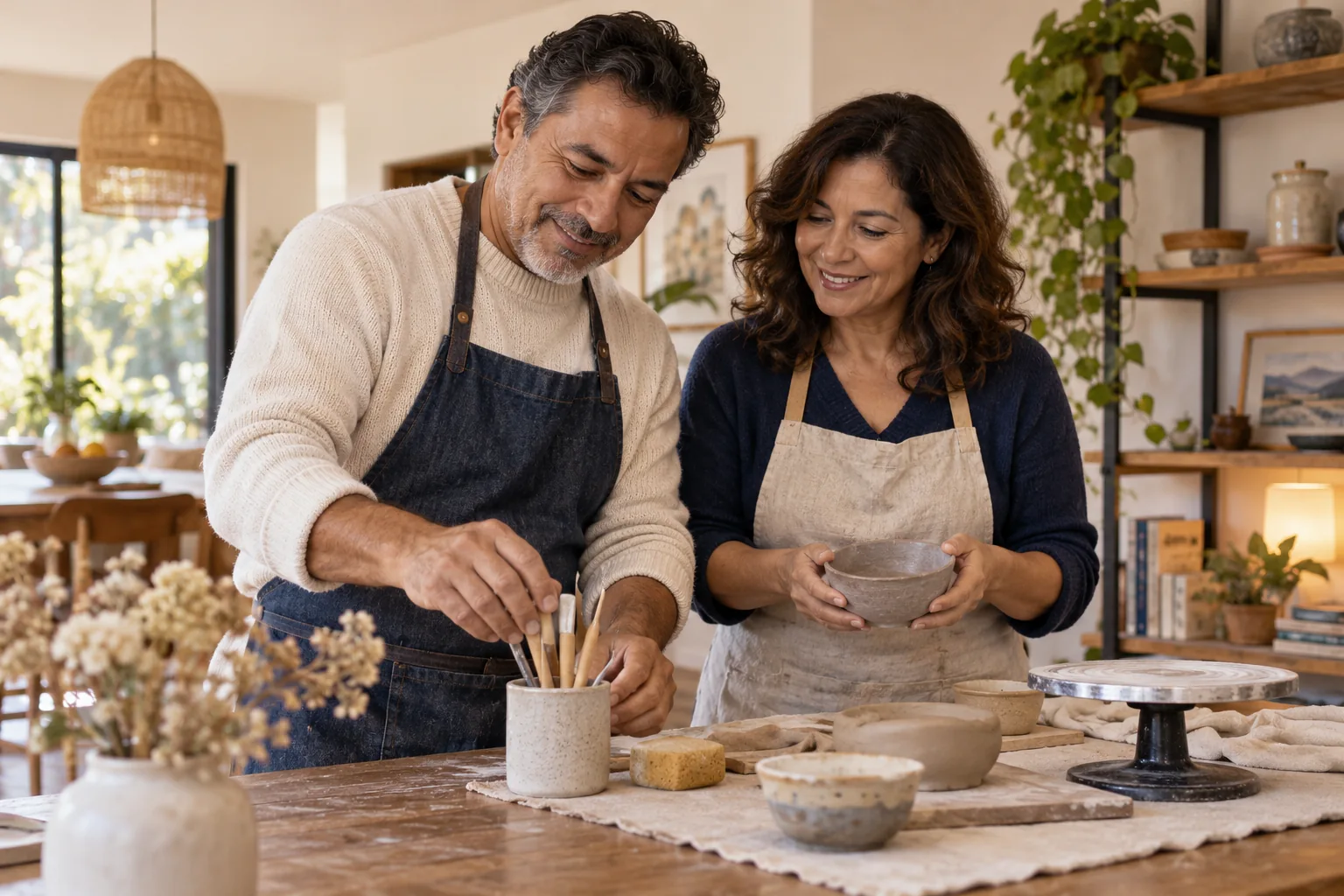 A couple preparing a pottery activity at home