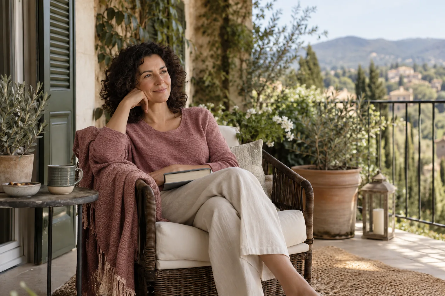 A woman taking a quiet break on a balcony