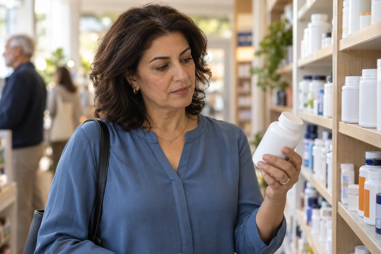 A woman in a blue blouse examining a supplement bottle in a pharmacy