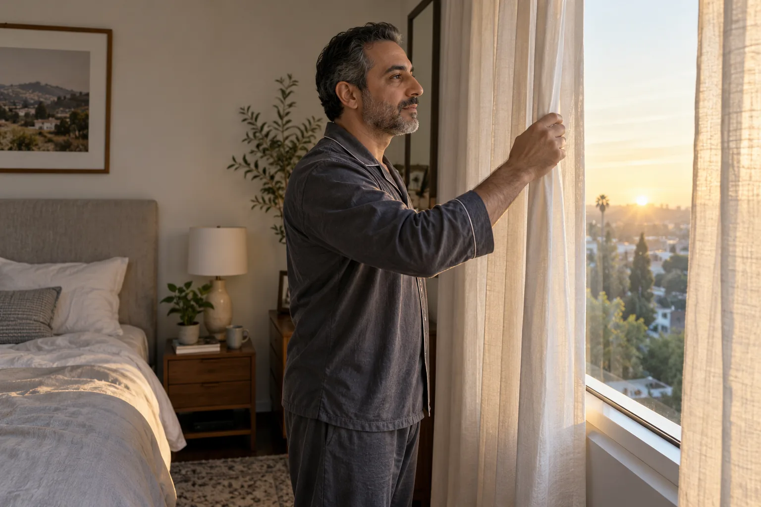 A man opening bedroom curtains in the morning