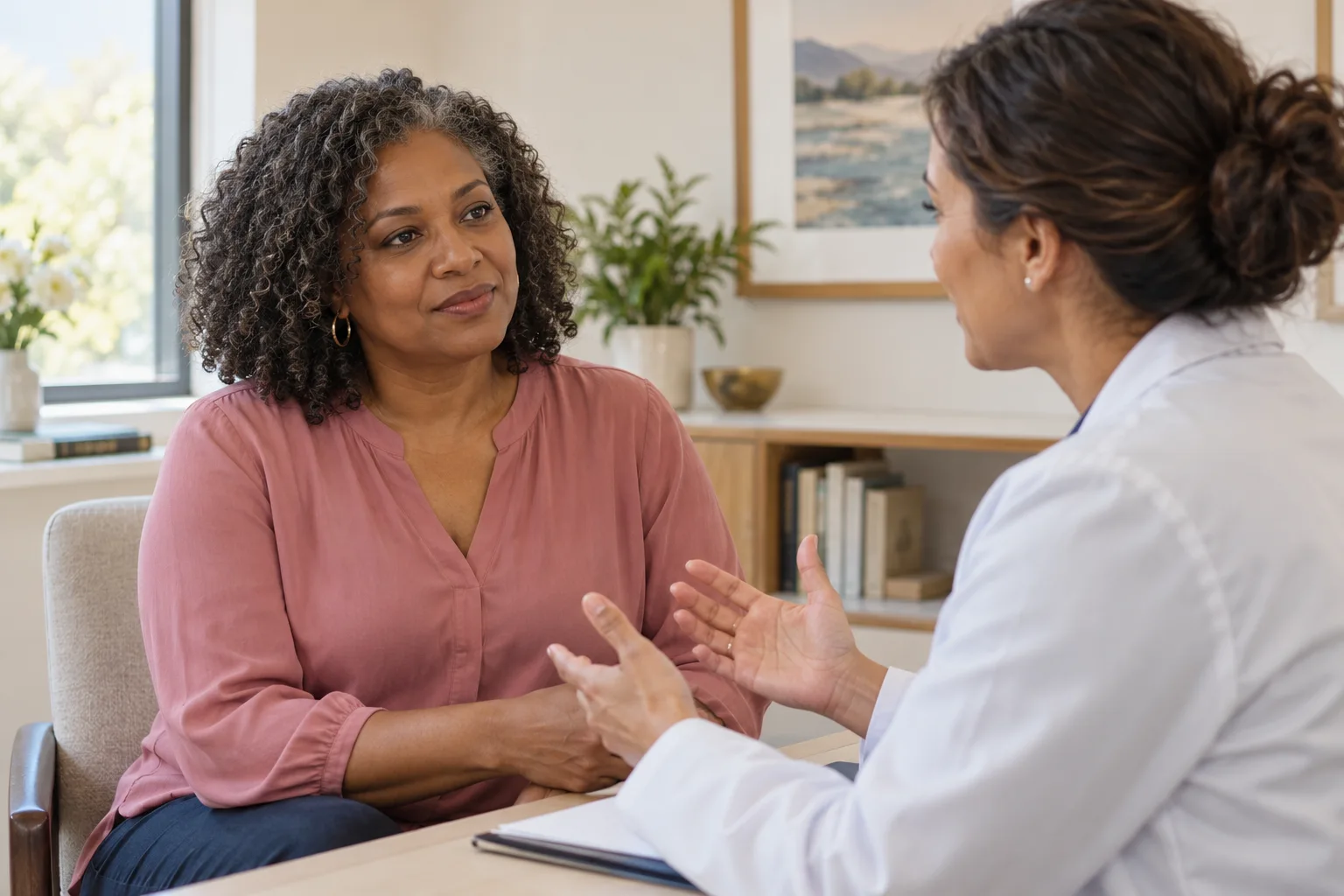 A woman in a rose blouse discussing her health with a clinician