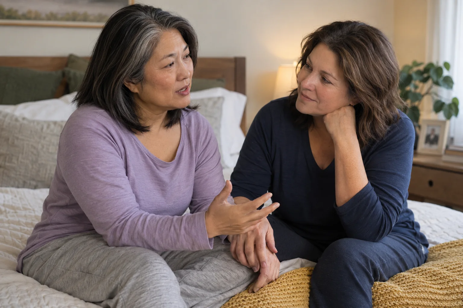 Two women having a private, attentive conversation while seated on their bed
