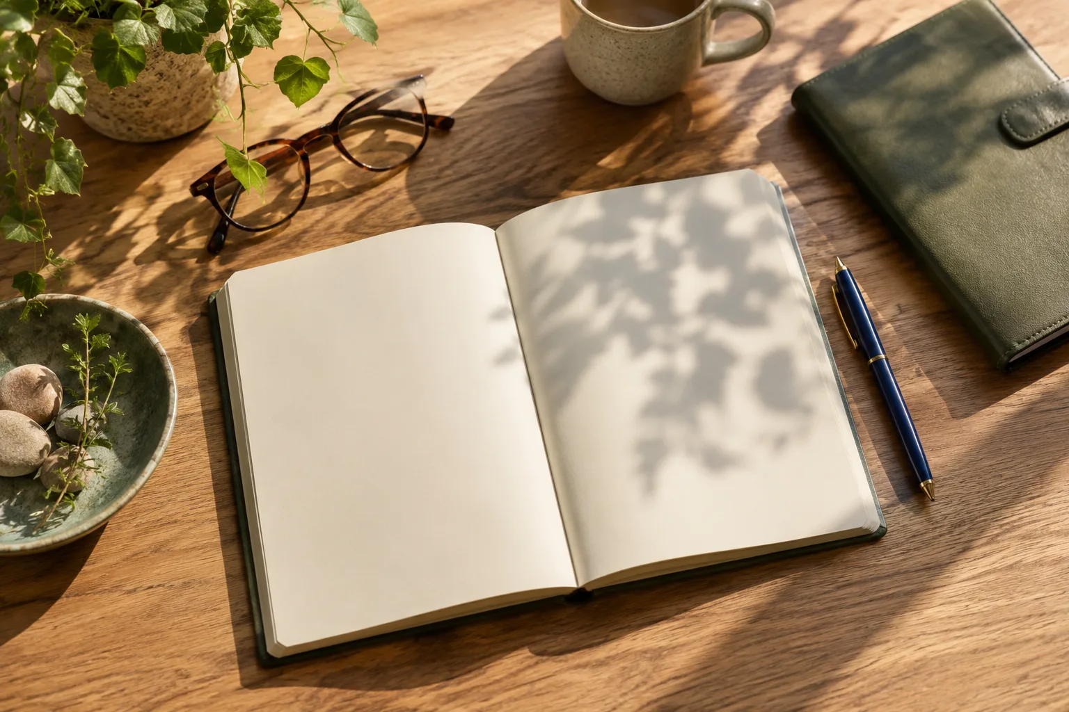 An open notebook, glasses and pen on a sunlit desk