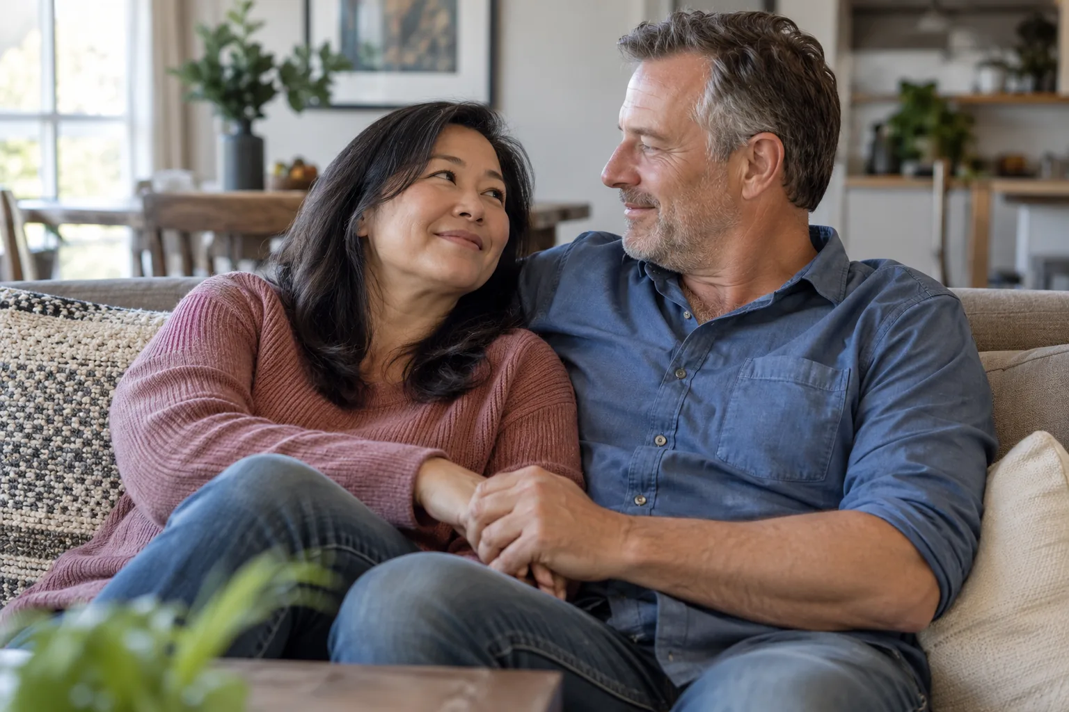 A midlife couple sharing a relaxed affectionate moment on a sofa