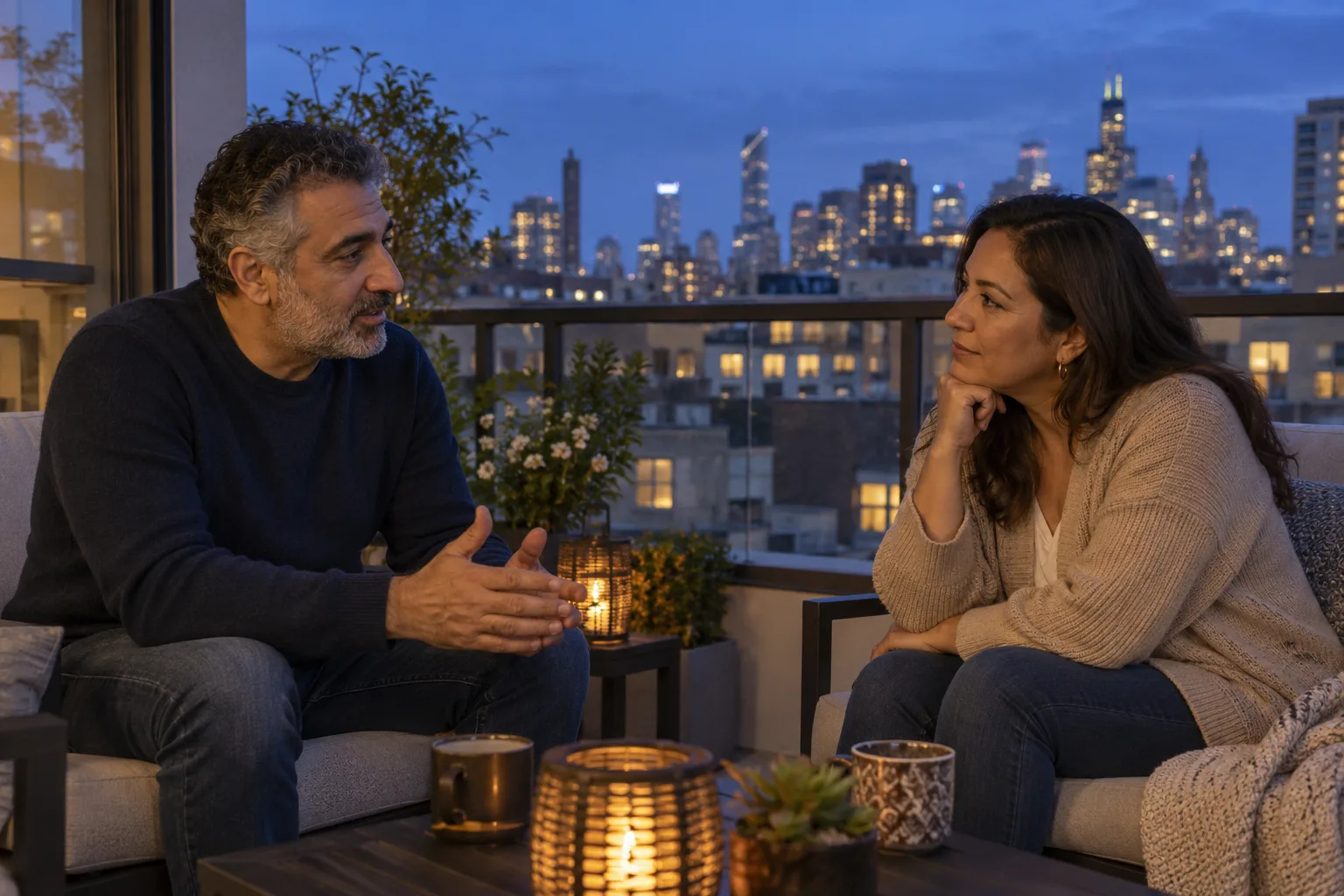 Two adults talking on a balcony overlooking rooftops