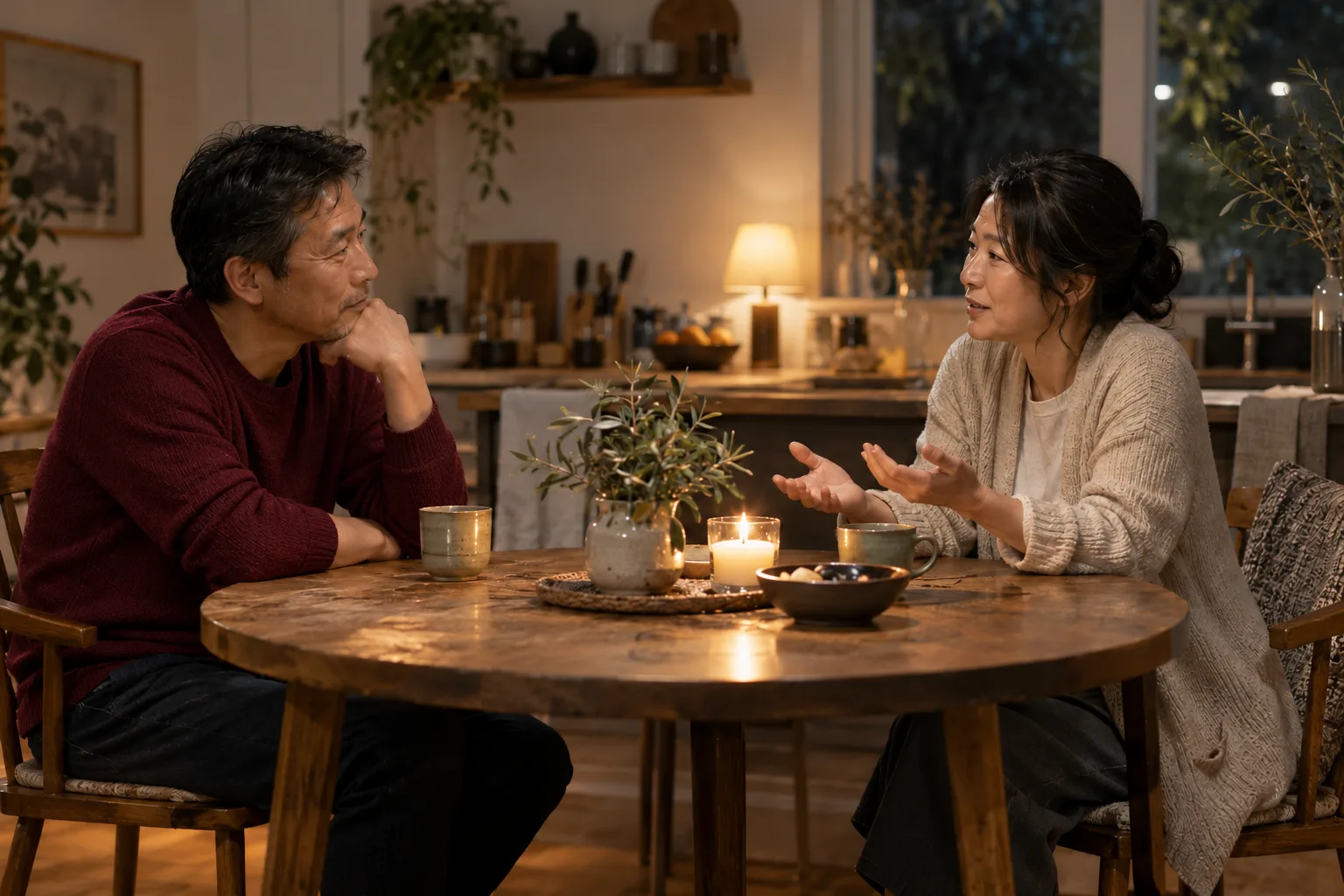 A couple listening to each other across a kitchen table
