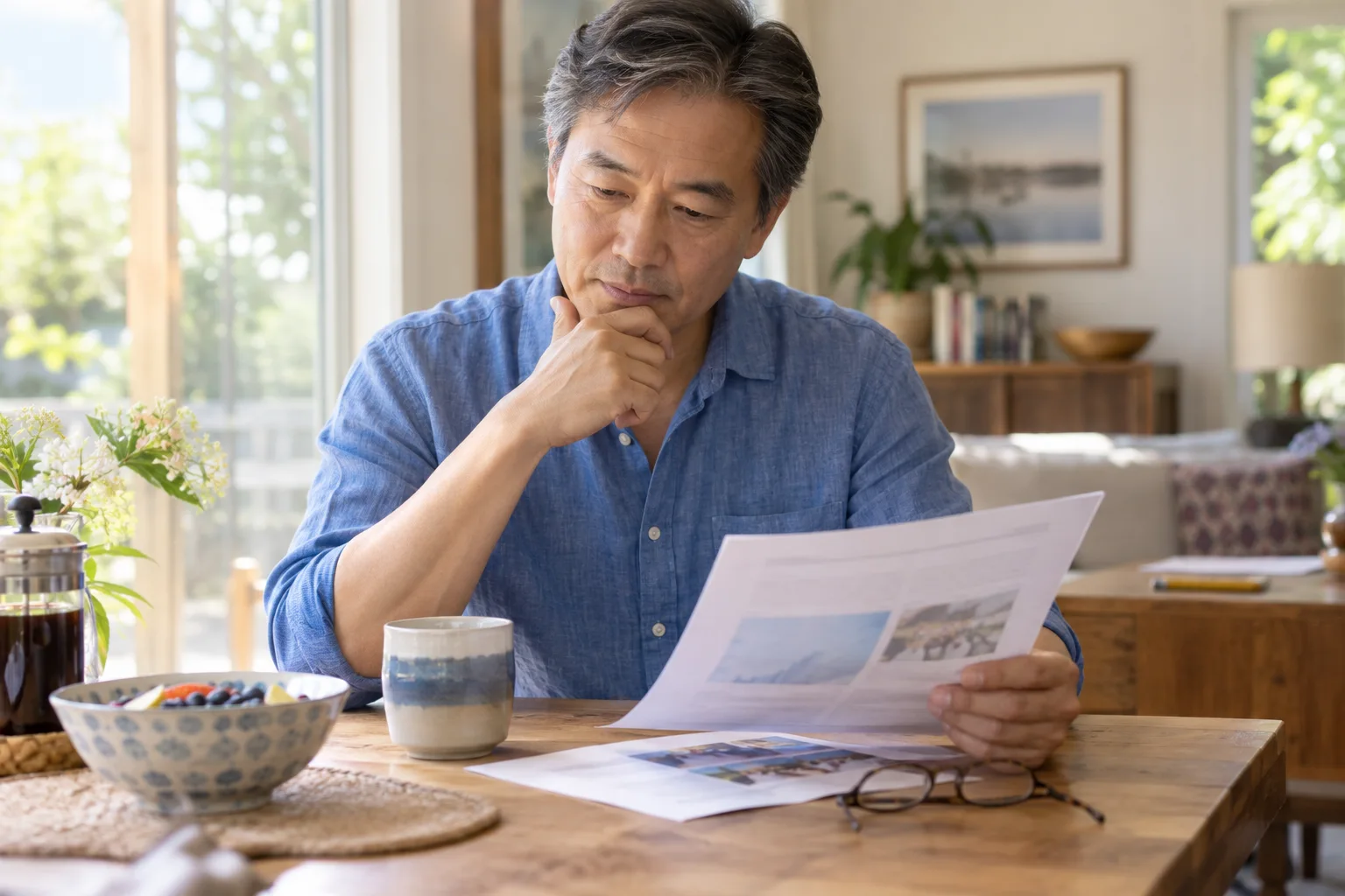 A man in a blue shirt reading health information at his breakfast table