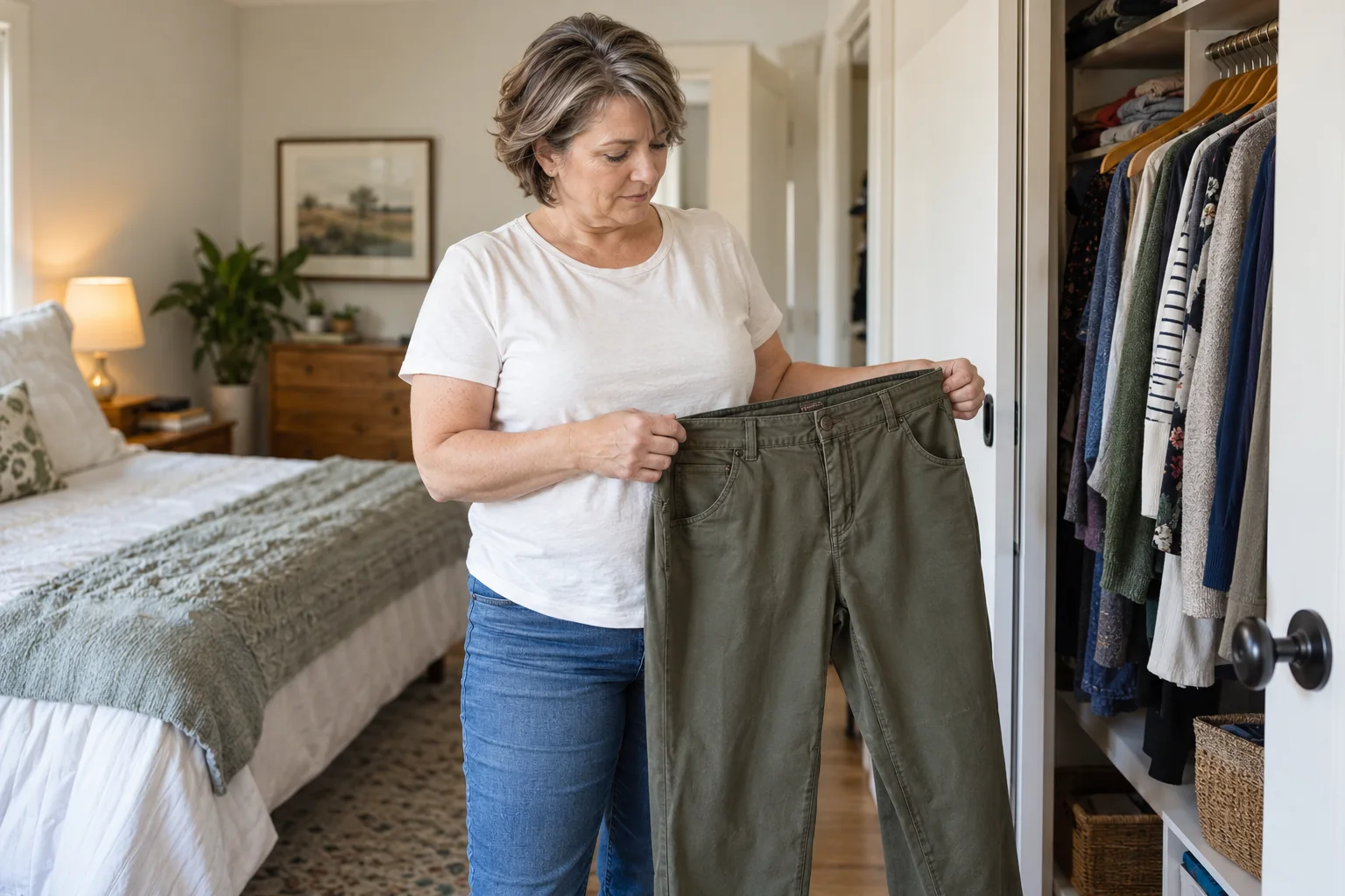 A woman holding trousers at her waist while considering their fit beside her wardrobe
