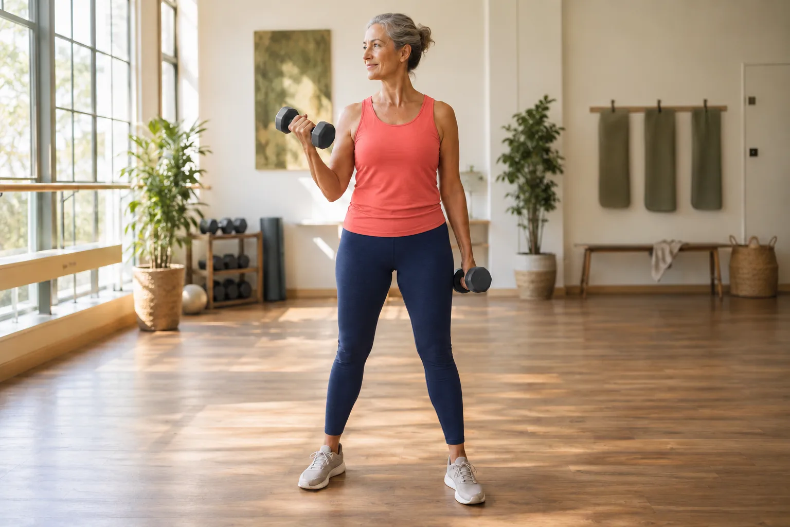 A woman exercising with light dumbbells in a bright studio