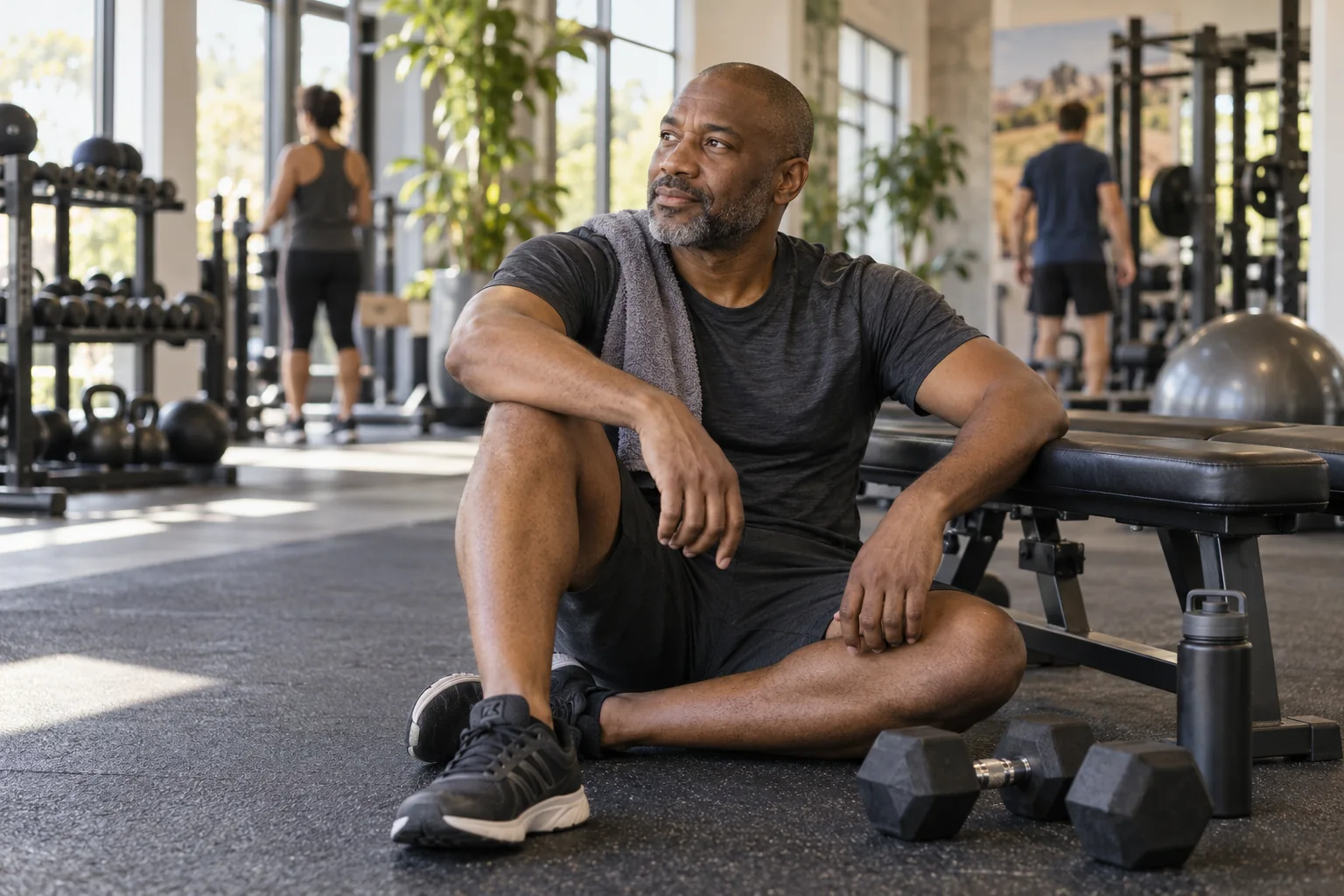 A man resting beside dumbbells in a community gym